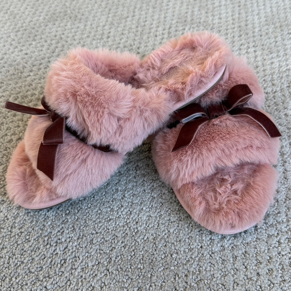 NWOT Anthropologie Maeve Faux-Fur Open-Toe Bow Slippers Pink Size Medium - Picture 4 of 7